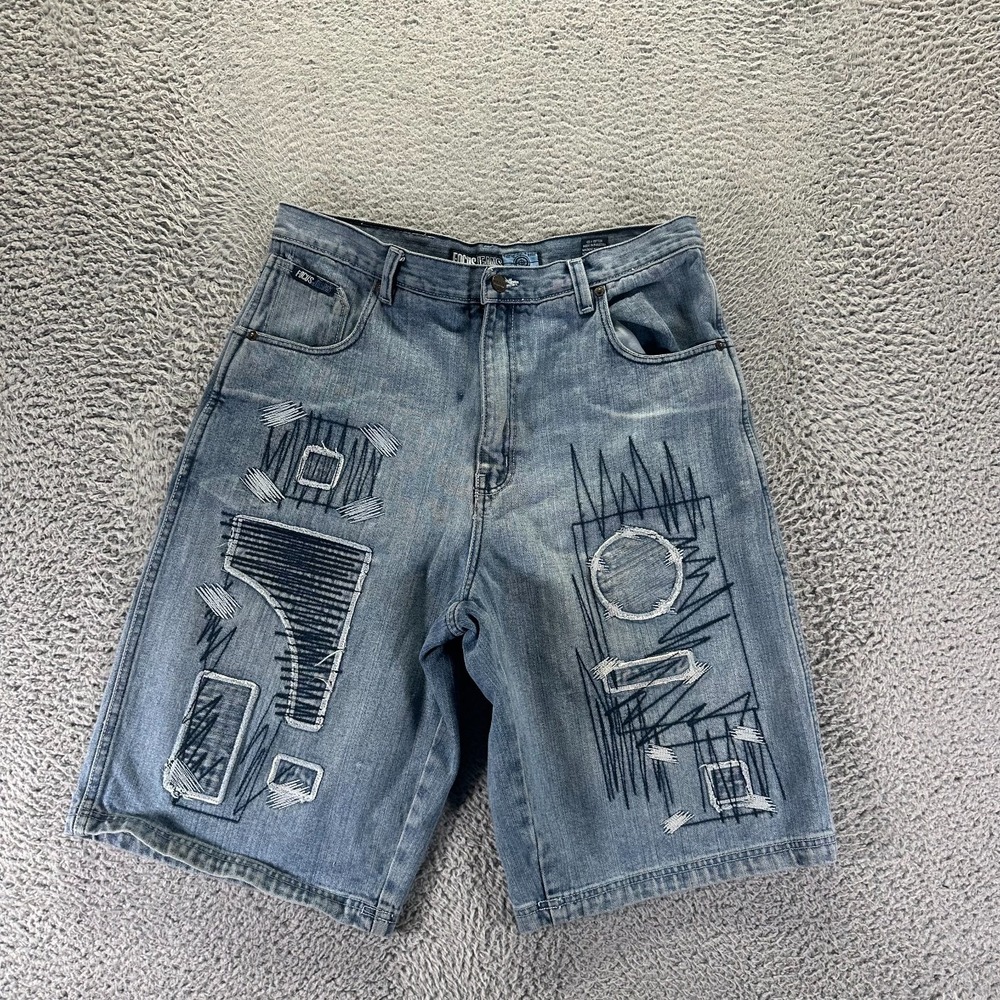 VTG Focus Shorts Mens 34 Blue Cotton Denim Bermuda Baggy Streetwear Embroidered